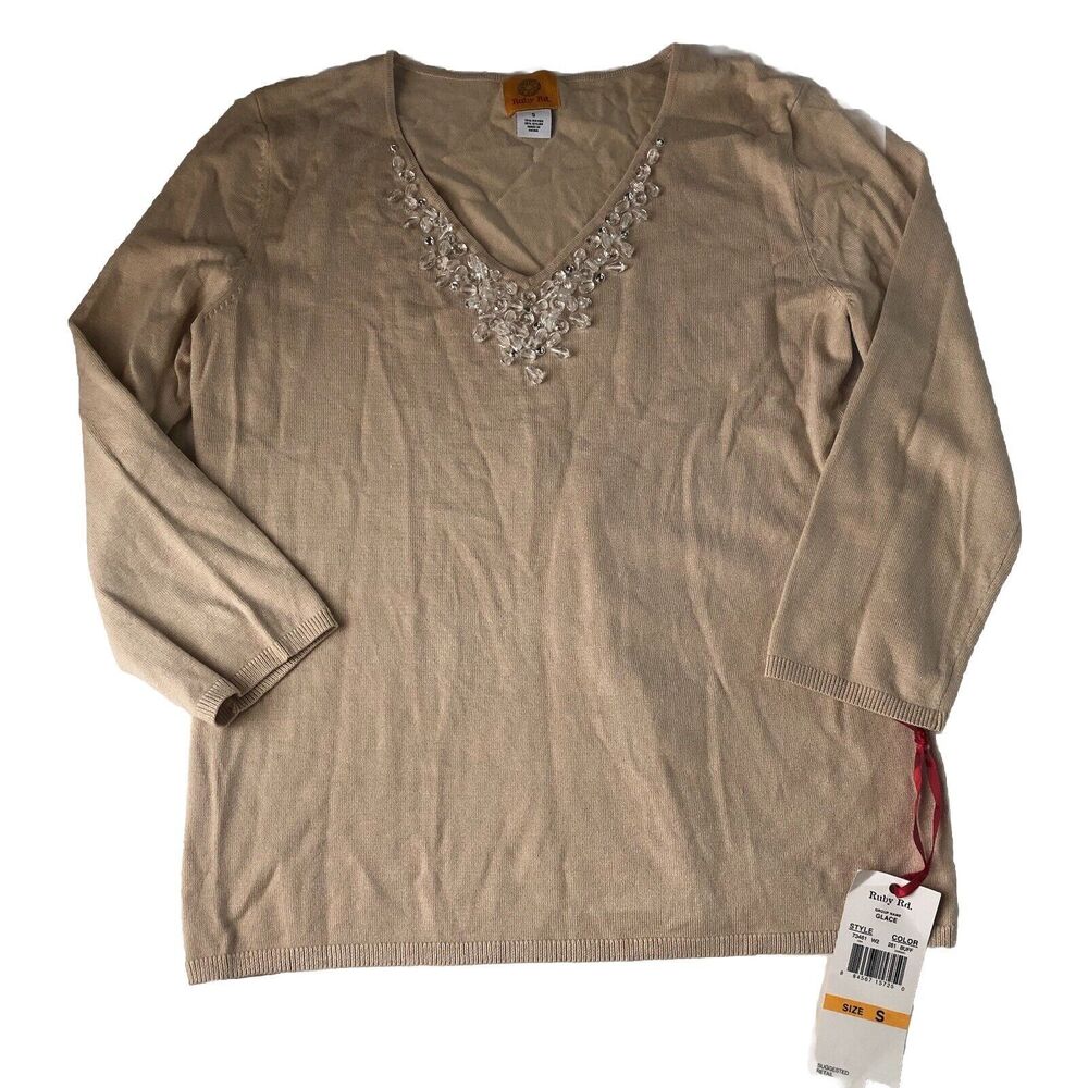 Ruby Rd. Women’s Embellished V neck 3/4 Sleeve Glacé Buff Sweater Small NWT